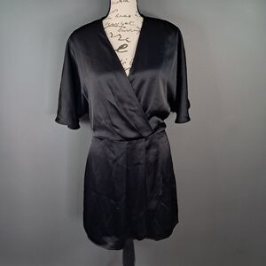H&M Women’s Black Satin Finish Wrap-Front Flutter-Sleeve Mini Dress Size Medium